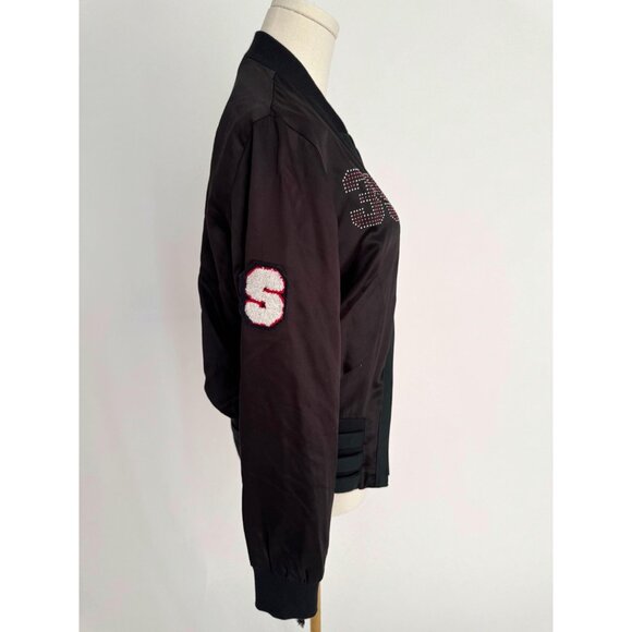 90s vintage black embellished silky sporty zip up bomber jacket XXS made Italy - Picture 5 of 8